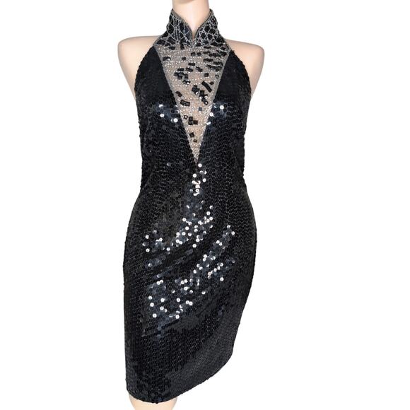 Vintage Y2K Sheer Backless Halter Dress 8P Bead Glam Cocktail Whimsigoth Grunge - Picture 1 of 8